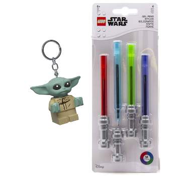 LEGO Star Wars 4pk Lightsaber Gel Pens Multicolored Ink with Baby Yoda Grogu LED Keychain Gift Set