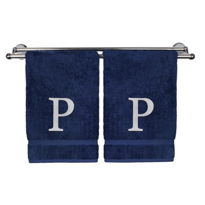 BC BARE COTTON Monogrammed Hand Towel, 100% Turkish Cotton - Set of 2 - Navy - White Block