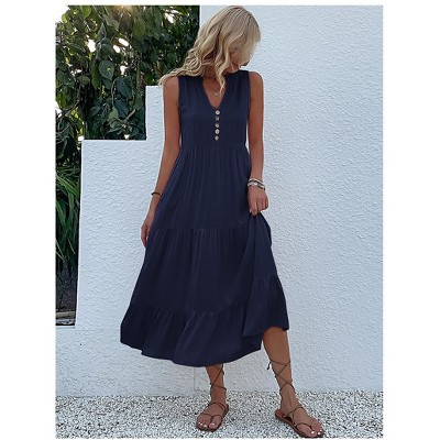 Women's Summer Sleeveless Button Down Cotton Tank Dress Loose A-Line Tiered Tunic Beach Dress