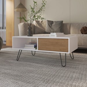 White and Natural Oak Coffee Table with 1-Drawer and Hairpin Legs - 1 of 1