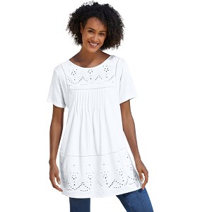 Woman Within Plus Size Embroidered Eyelet Pintucked Tunic - 1 of 4