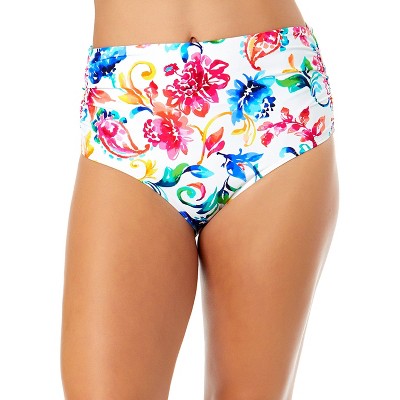 Women's Watercolor Paisley Fold Over High Waist Shirred Bikini Swim Bottoms