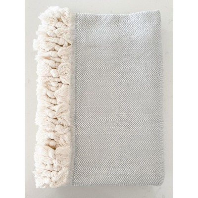 Gray Cotton Herringbone Throw Blanket with Tassels