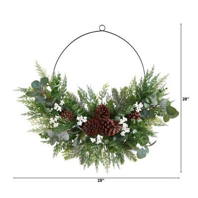 28" Christmas Pine and Eucalyptus Half Wreath with Pine Cones