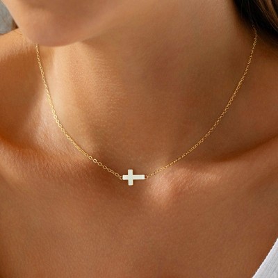 Turandoss Dainty Gold Cross Necklaces for Women Trendy, Sideway Choker Necklace, Gold Jewelry for Women, Birthday Gifts for Her, 14+2.5In Gold