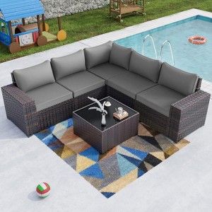 ALAULM Outdoor Patio Furniture Set Outdoor Sectional Rattan Sofa Set Brown Manual Wicker Patio Conversation Set with Cushions - 1 of 4