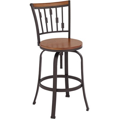 Adjustable Brown Wood and Metal Swivel Bar Stool