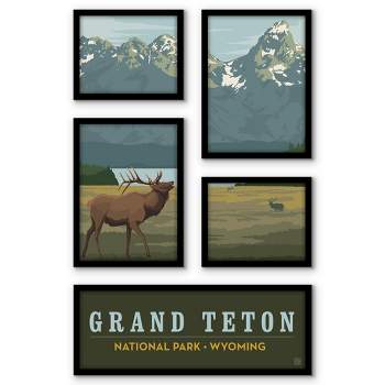 Americanflat Grand Teton Elk National Park 5 Piece Grid Wall Art Room Decor Set - landscape Animal Modern Home Decor Wall Prints