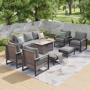 Sonkuki Patio Sofa Set with 45'' Fire Pit Table, All-Weather PE Rattan Wicker Patio Conversation Couch with Cushion - 1 of 4