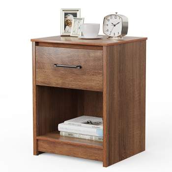 Costway Nightstand with Drawer Storage Shelf Wooden End Side Table Bedroom Brown / Black / Natural