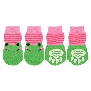 Unique Bargains Dog Cats Non-Slip Socks Frog Pattern Paw Protection and Traction Pink Green 4 Pcs - 1 of 4