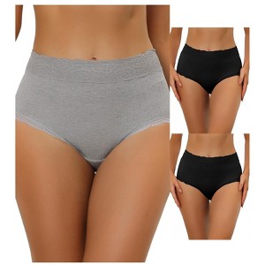 Allegra K Women's High Waist Tummy Control Comfortable Lace Trim Ribbed Briefs 3 Packs - 1 of 4