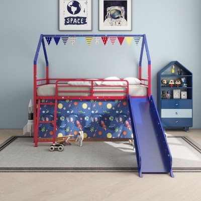 Okak Twin Size Metal House Loft Bed with Slide & Curtain Set & Star Stickers,Contemporary Bed Frame for Bedroom,Kids Room