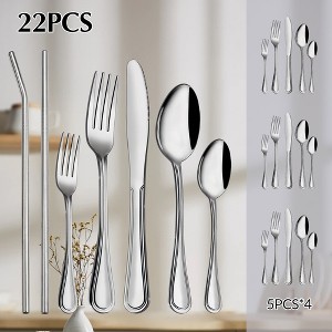22-Piece Silverware Set– Contemporary Stainless Steel Flatware with Polished Mirror Finish, Includes 4 Place Settings & Serving Pieces - 1 of 4