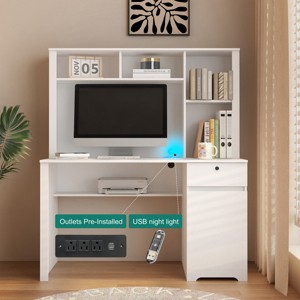 51in Computer Desk with Hutch and Lockable Drawers, Built-In Outlets for Study or Workstation-3irtyhousy - 1 of 4