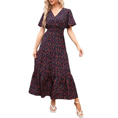 Women's Summer Wrap V Neck Flutter Short Sleeve Maxi Dress Casual Smocked Waist Flowy Tiered ALine Pleated Long Dress
