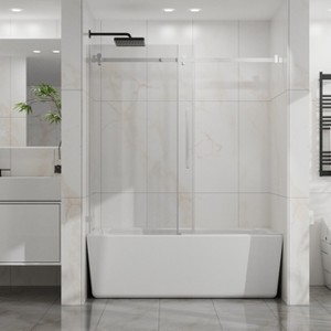60"x58" Frameless Sliding Bathtub Door, 1/4"(6mm) Clear Tempered Glass with Easy-Clean Coating, Heavy-Duty 304 Stainless Steel, Chrome Finish - 1 of 4