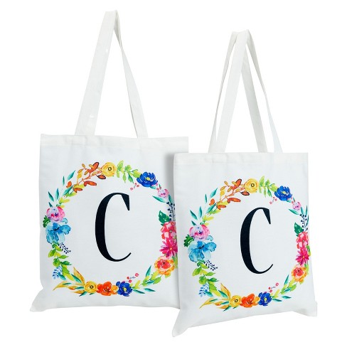 Set of 2 Reusable Monogram Letter V Personalized Canvas Tote Bags for  Women, Floral Design (29 Inches)