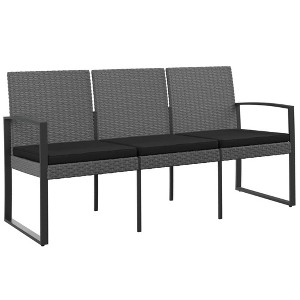 vidaXL Outdoor Bench 3-Seater Bench with Cushions for Porch Deck PP Rattan - Dark Gray - 1 of 4