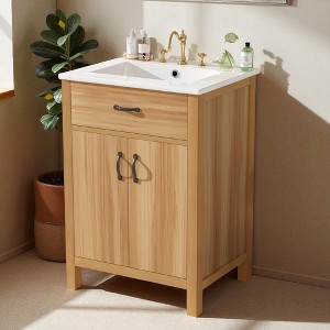 24" Bathroom Vanity with Solid Wood Frame, Ceramic Sink, 2 Soft Close Doors, Flip Drawer, Adjustable Shelf, Modern Storage Cabinet - 1 of 4