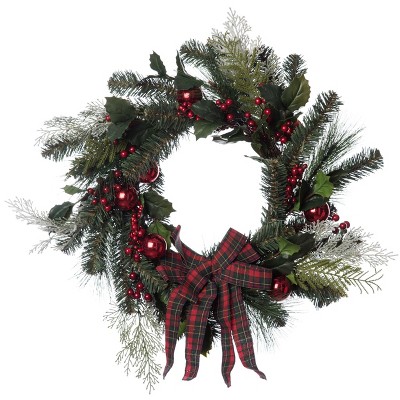 Transpac Fabric 24 in. Multicolor Christmas Berry Plaid Bow Wreath
