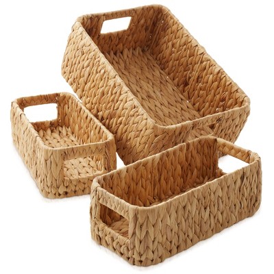 Casafield Water Hyacinth Storage Baskets, 3 Piece Set for Shelves - Woven Storage Bin Organizers with Handles