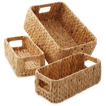 Casafield Water Hyacinth Storage Baskets, 3 Piece Set for Shelves - Woven Storage Bin Organizers with Handles