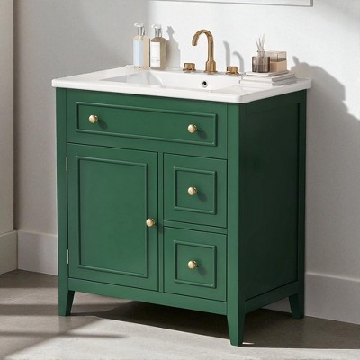 30-Inch Bathroom Vanity with Sink, White Freestanding Cabinet with 2 Drawers & Door, Ceramic Basin, 8-Inch Faucet Mount