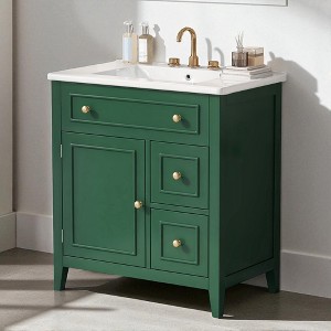 30-Inch Bathroom Vanity with Sink, White Freestanding Cabinet with 2 Drawers & Door, Ceramic Basin, 8-Inch Faucet Mount - 1 of 4