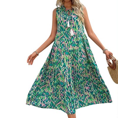 Womens Summer Loose Fit Maxi Dress Casual V Neck Sleeveless Bohemian Floral Print Long Beach Sundresses