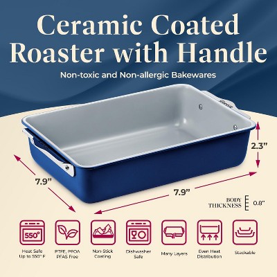 Blue Aluminized Steel Rectangle Roaster Pan with Ceramic Non-Stick Coating