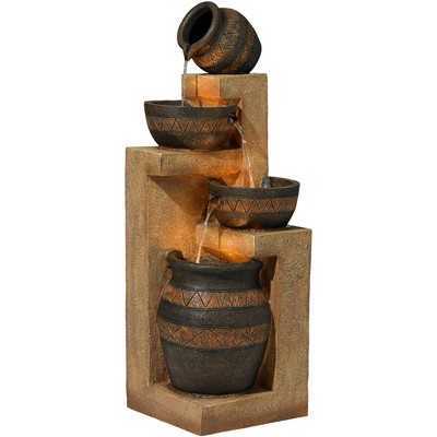 Rustic Stoneware Bowl and Jar Cascading Floor Fountain with LED Light