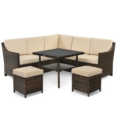 Tangkula 6PCS Patio Rattan Furniture Set All-Weather Sectional Cushioned Sofa Ottoman Dining Table Lower Shelf
