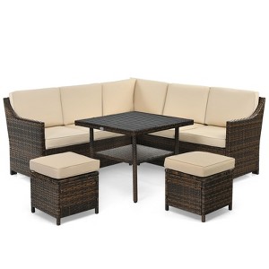 Tangkula 6PCS Patio Rattan Furniture Set All-Weather Sectional Cushioned Sofa Ottoman Dining Table Lower Shelf - 1 of 4