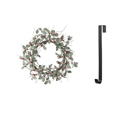 Sullivans Arfiticial Iced Berry and Leaves 12.5"H Wreath and 14"H Hanger Set, Green & Black