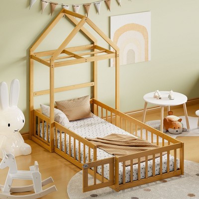 NicBex Twin Size Montessori Bed with Detachable House Shape Headboard,Floor Bed with Guardrails and Kids Dress Up Rack,Toddler Bed for Bedroom