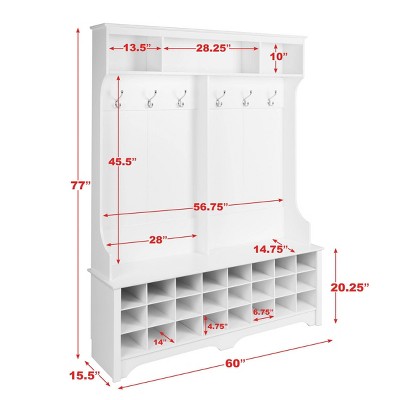 White Hall Tree with Bench and 24 Shoe Cubbies
