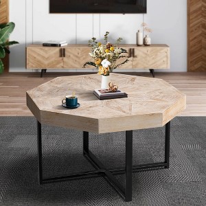 Wood Octagonal Vintage Patchwork Craft Farmhouse, 30 Inch Wooden Table Top Cross Metal Legs Coffee Table, for Living Room - 1 of 4