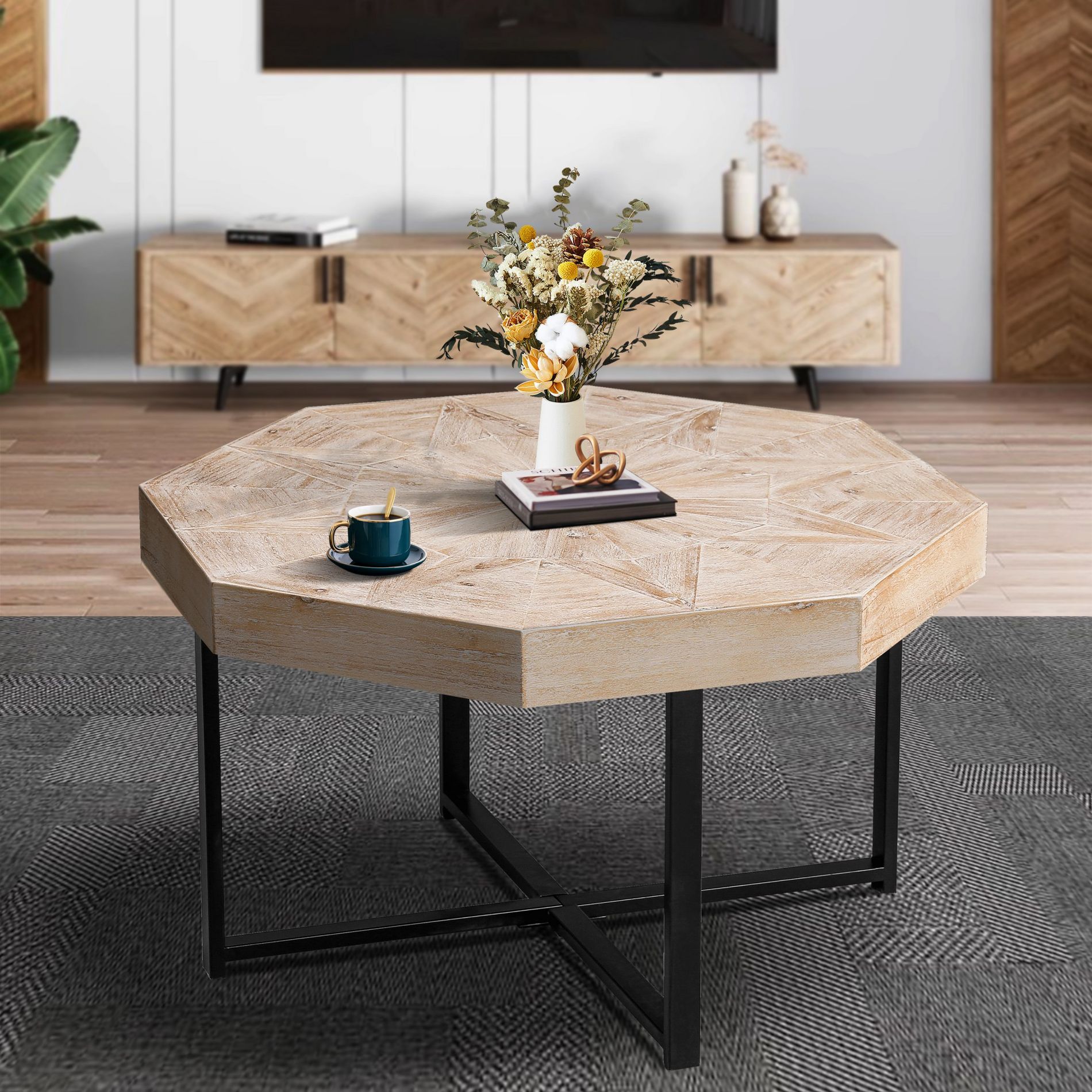 Wood Octagonal Vintage Patchwork Craft Farmhouse, 30 Inch Wooden Table Top Cross Metal Legs Coffee Table, for Living Room - Natural
