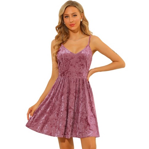 Allegra K Women's V Neck Spaghetti Strap Dresses Party A-Line Cami Velvet  Skater Dress Pink Large