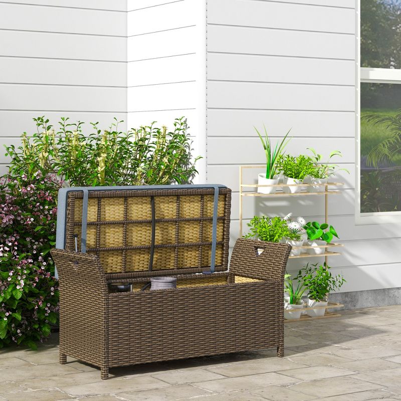 Outsunny Outdoor PE Rattan Two-In-One Storage Bench, Patio Wicker Large Capacity Footstool Rectangle Basket Box w/ Handles & Cushion, 4 of 8
