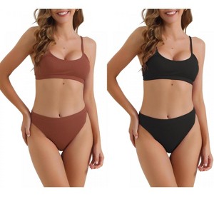 INSPIRE CHIC Women's Adjustable Spaghetti Straps Ribbed High Waist Bottoms Swimwear Bathing Bikini Suits 2 Sets - 1 of 4