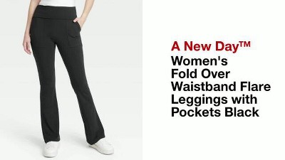 Women's Fold Over Waistband Flare Leggings with Pockets - A New Day Black  Medium