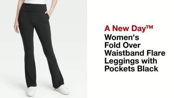 Women&#39;s Fold Over Waistband Flare Leggings with Pockets - A New Day&#8482; Black, 2 of 5, play video