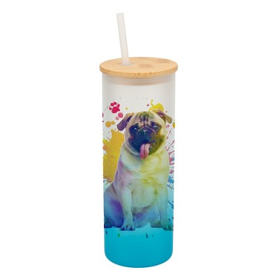 100 North 25 Ounce Frosted Glass Gradient Travel Tumbler With Straw & Wooden Lid, Pug Dog Paint Splatter Sky Blue