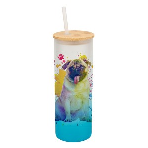 100 North 25 Ounce Frosted Glass Gradient Travel Tumbler With Straw & Wooden Lid, Pug Dog Paint Splatter Sky Blue - 1 of 4