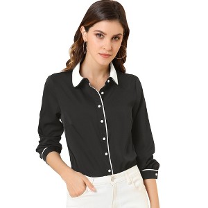 Allegra K Women's Vintage Button Down Contrast Peter Pan Collar Office Work Blouse - 1 of 4