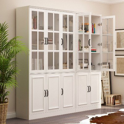 FUFU&GAGA 78.7"W Tempered Glass Door Large Modular Storage Cabinet Display Cabinet Bookshelf White