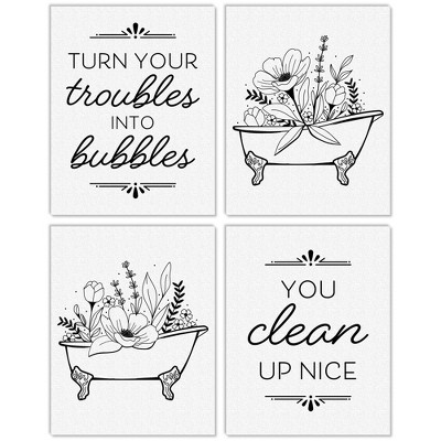 Big Dot of Happiness Turn Your Troubles Into Bubbles - Unframed Bathroom Linen Paper Wall Art - Set of 4 - Artisms - 11 x 14 inches Black and White