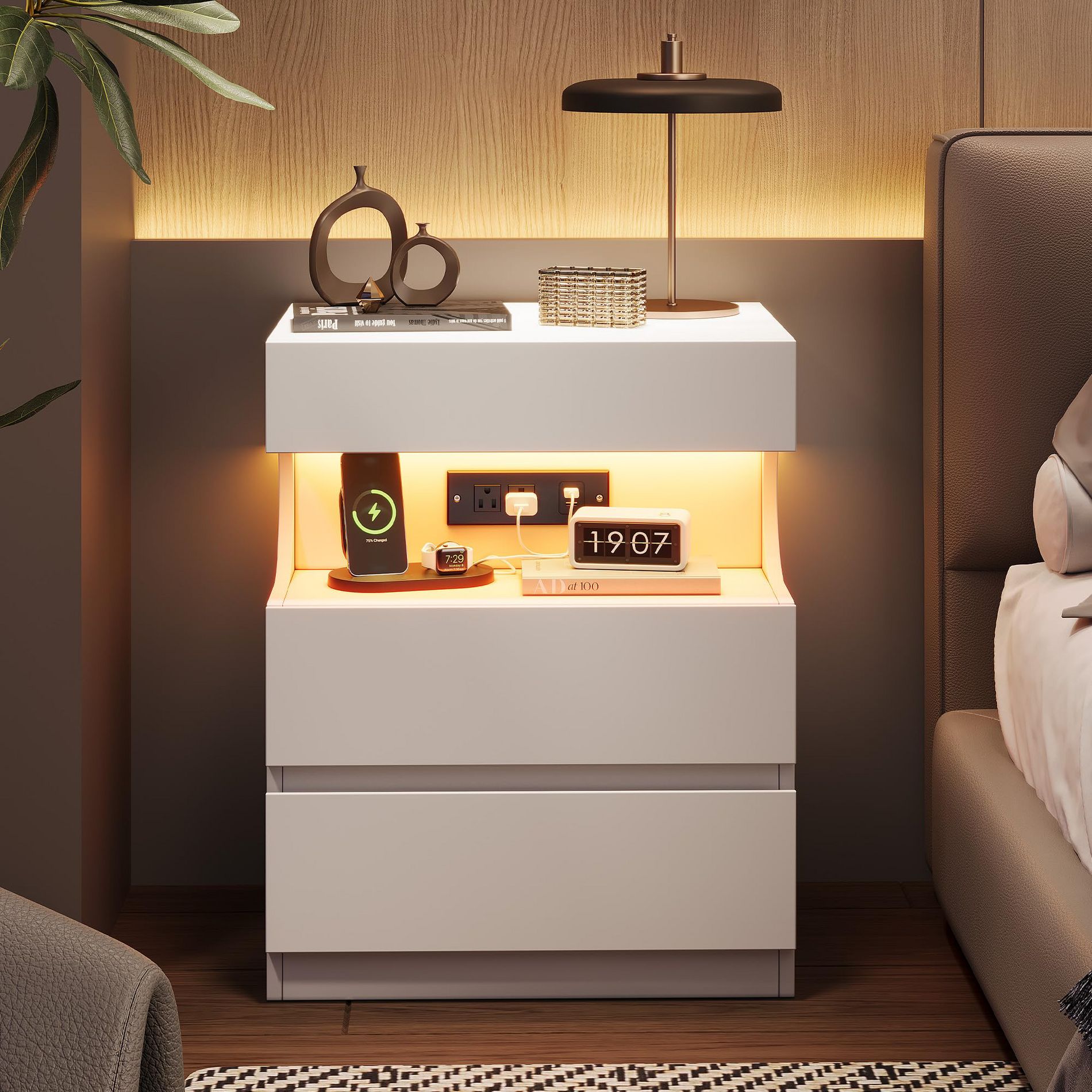 White Smart Nightstand ¨C App-Controlled LED Lights & Charging Station with 3 Drawers for Bedroom